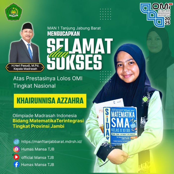Siswi MAN 1 Tanjung Jabung Barat Raih Juara Olimpiade Madrasah Indonesia (OMI) Tingkat Provinsi Menuju Tingkat Nasional