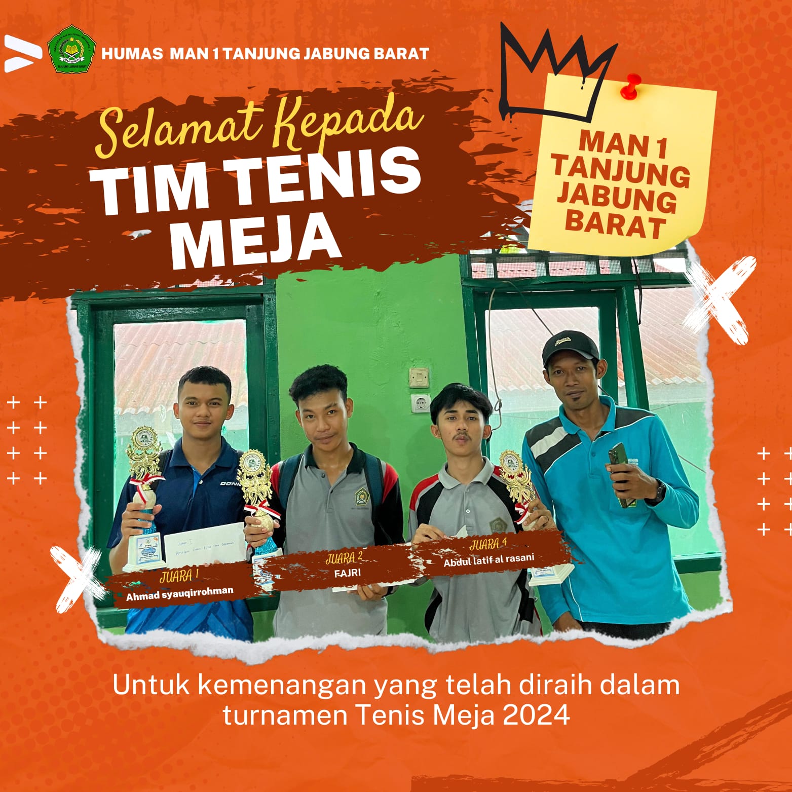 3 Siswa Terbaik MAN 1 Tanjung Jabung Barat Meraih Prestasi Lomba Tenis Meja Tingkat SMA Sederajat Sekabupaten Tanjab Barat