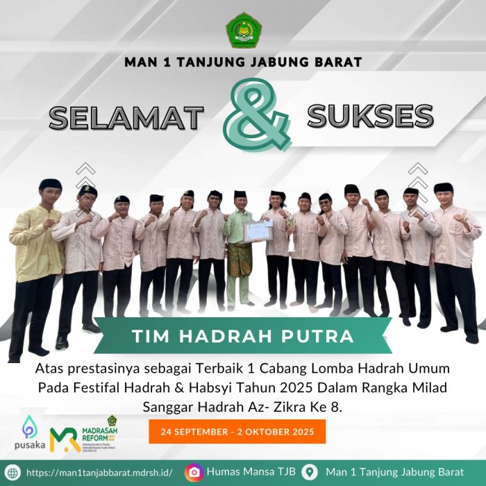 MAN 1 Tanjung Jabung Barat Raih Juara 1 Festival Hadrah dan Habsyi Tahun 2025 MAN 1 Tanjung Jabung Barat Raih Juara 1 Festival Hadrah dan Habsyi Tahun 2025
